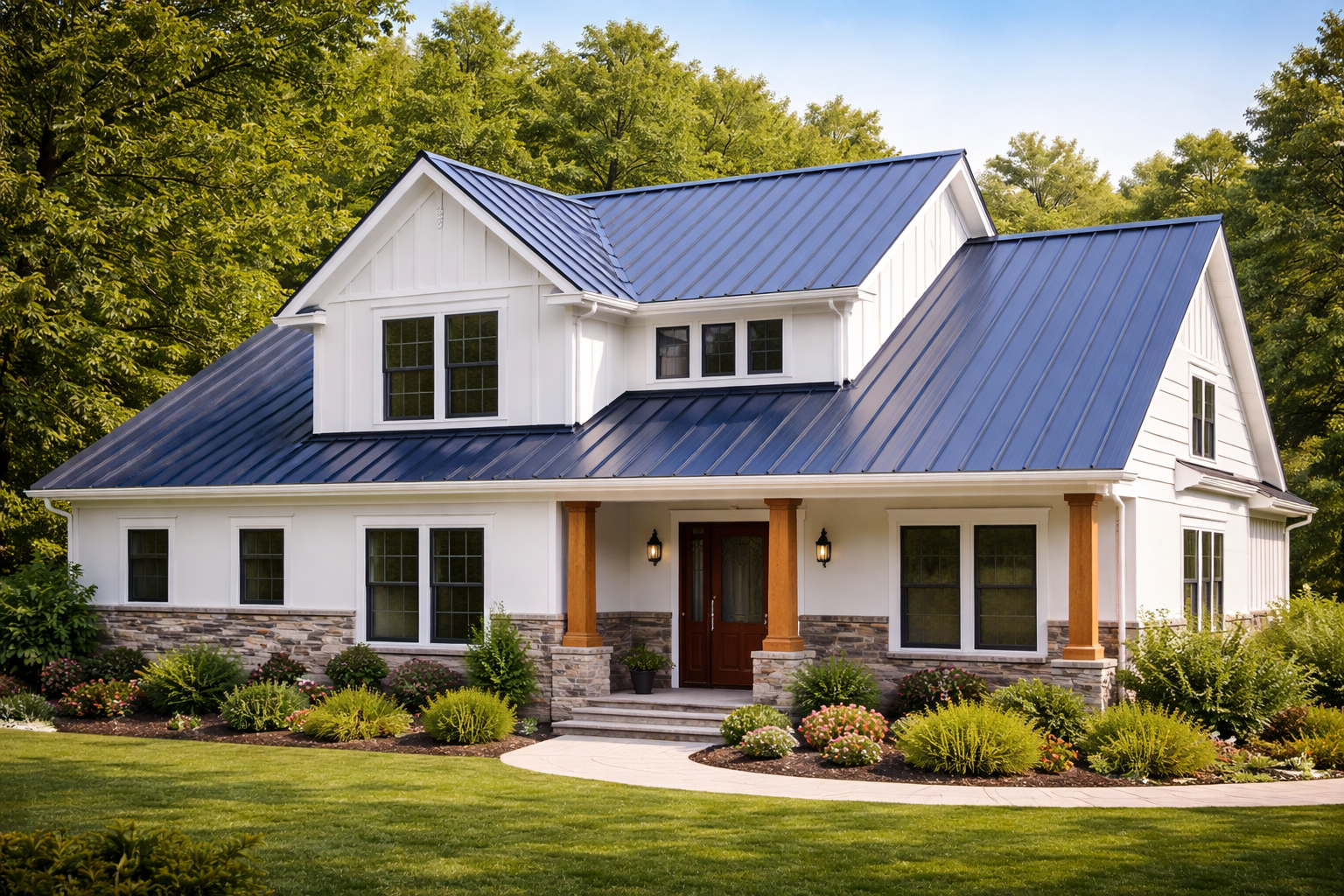 modern farmhouse with standing seam metal roof