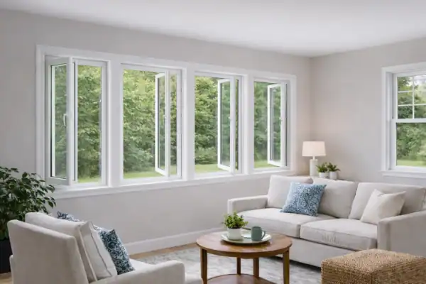 Casement replacement windows open outward in modern living room with natural light