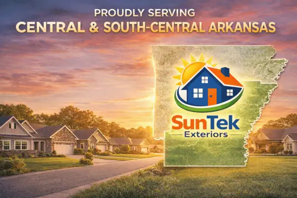 SunTek Exteriors service areas for roofing, replacement windows, and exterior doors in Arkansas