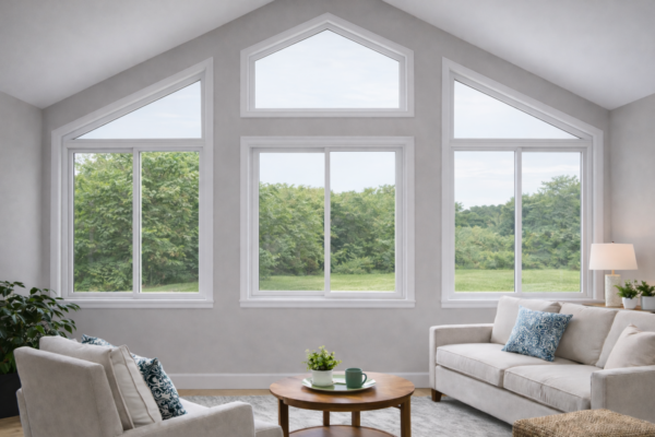 Gridless replacement window with vaulted transom installed in modern home interior