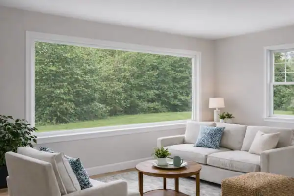 Large picture window installed in modern living room providing unobstructed outdoor view and natural light