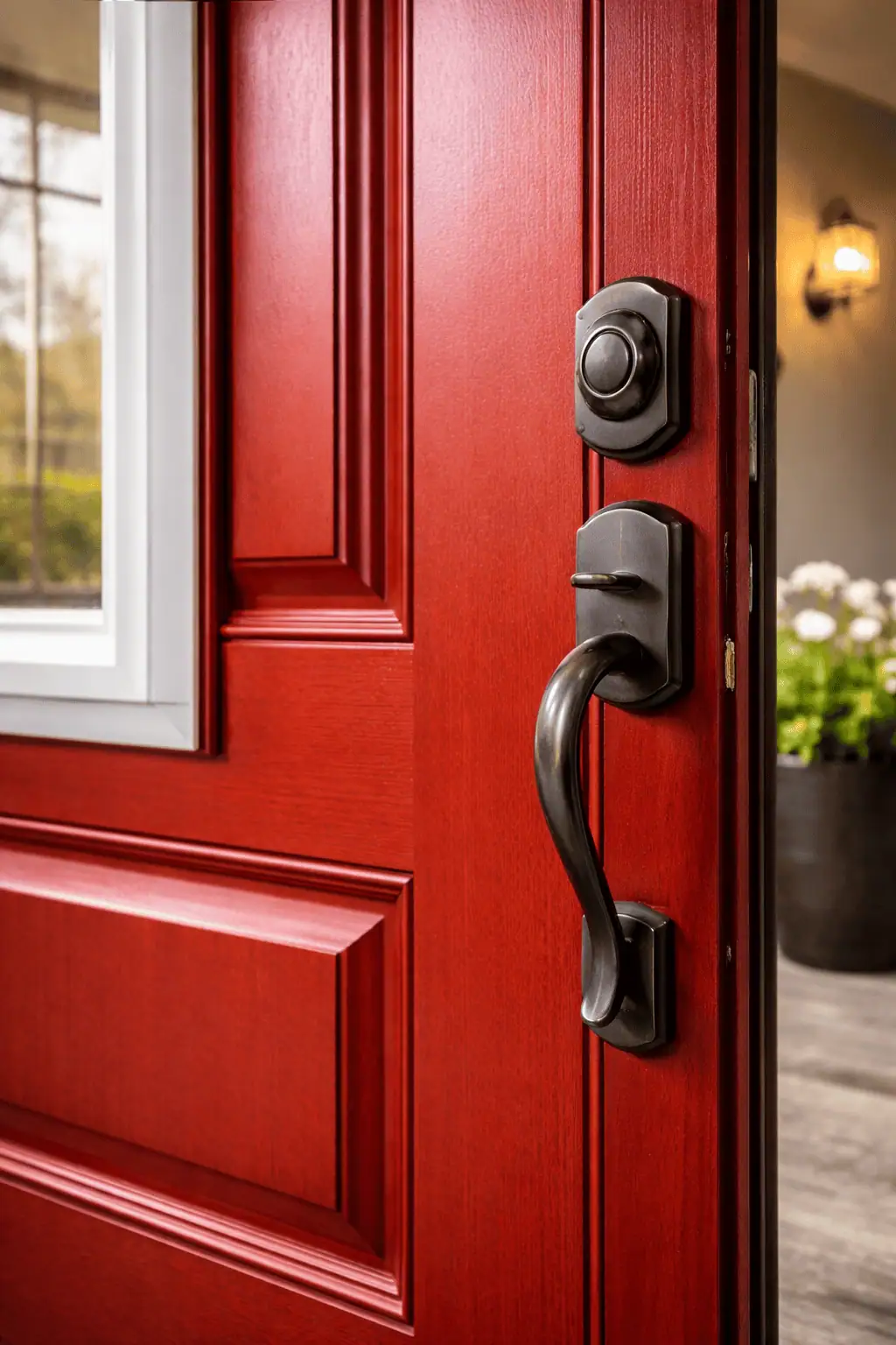 Close-up of ProVia Legacy steel entry door with oil-rubbed bronze handle set and raised panel design