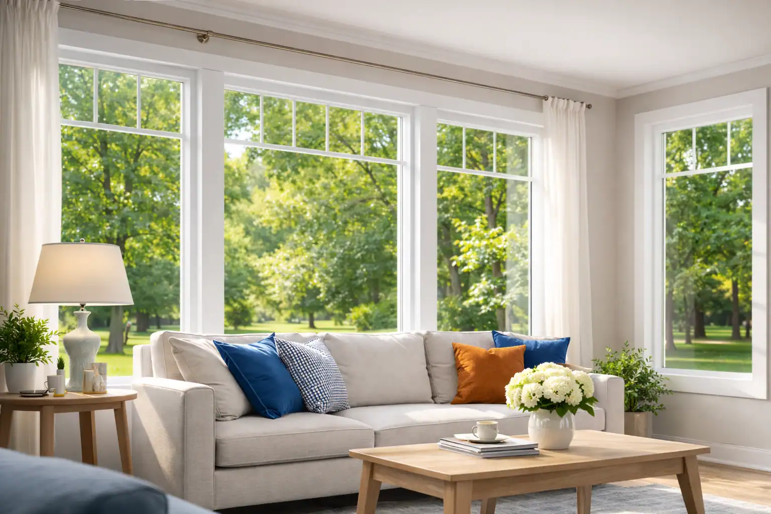 Bright living room with energy-efficient replacement windows and natural light installed by SunTek Exteriors
