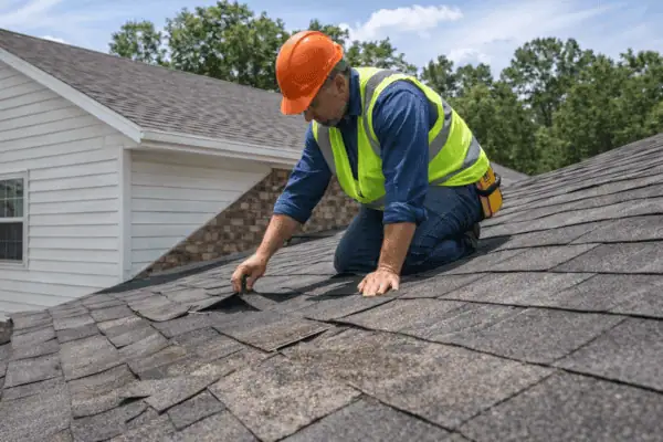 Roof inspection checking asphalt shingles for storm damage on residential Arkansas home