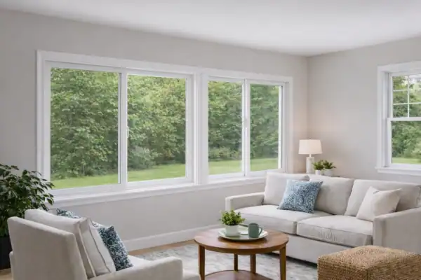 Horizontal sliding replacement windows installed in modern living room with wide glass panels