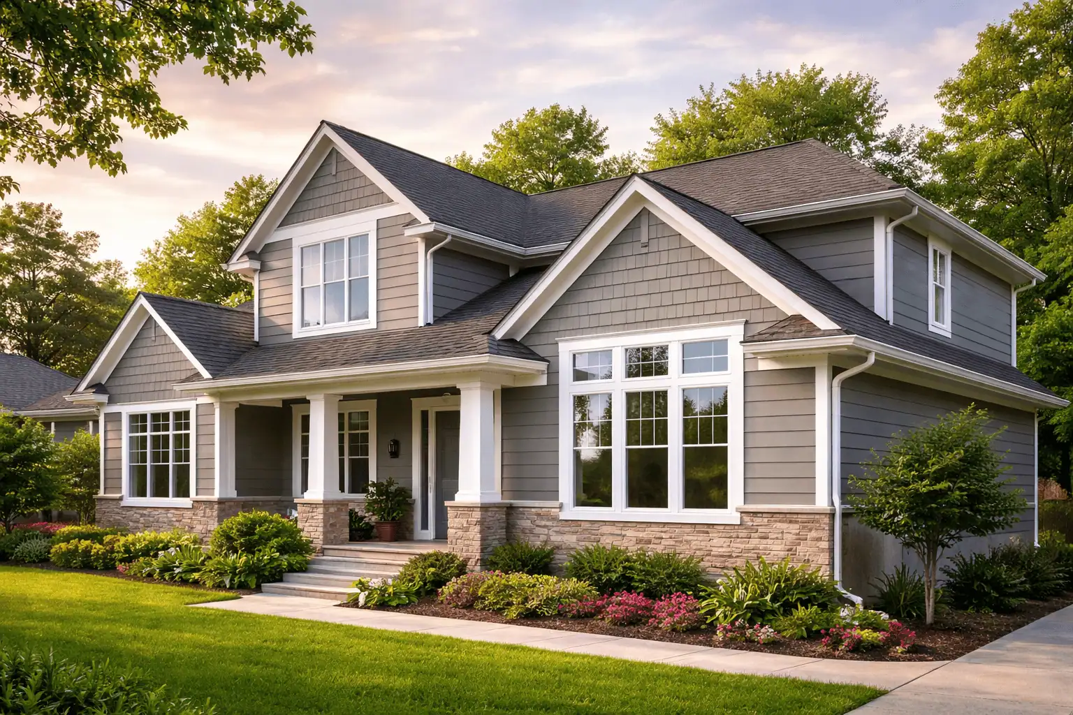 SunTek Exteriors roofing and energy efficient replacement windows installed on modern Arkansas residential home