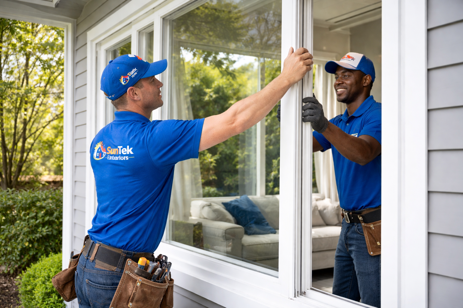 Two SunTek Exteriors installers in branded blue uniforms professionally installing an energy-efficient replacement window in a residential home.