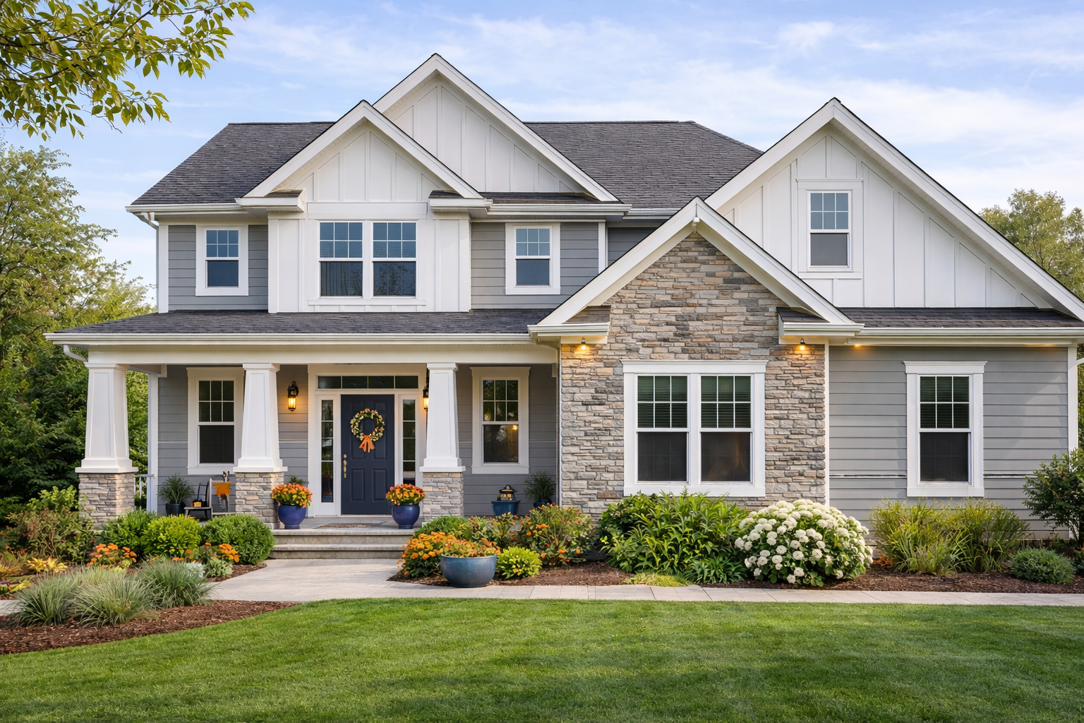 gray and white residential home with premium siding color options, blue front door, and SunTek brand-staged orange landscaping accents