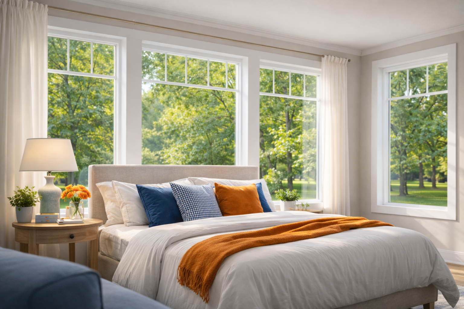 master bedroom with replacement windows, morning natural light, and SunTek blue and orange staged accents